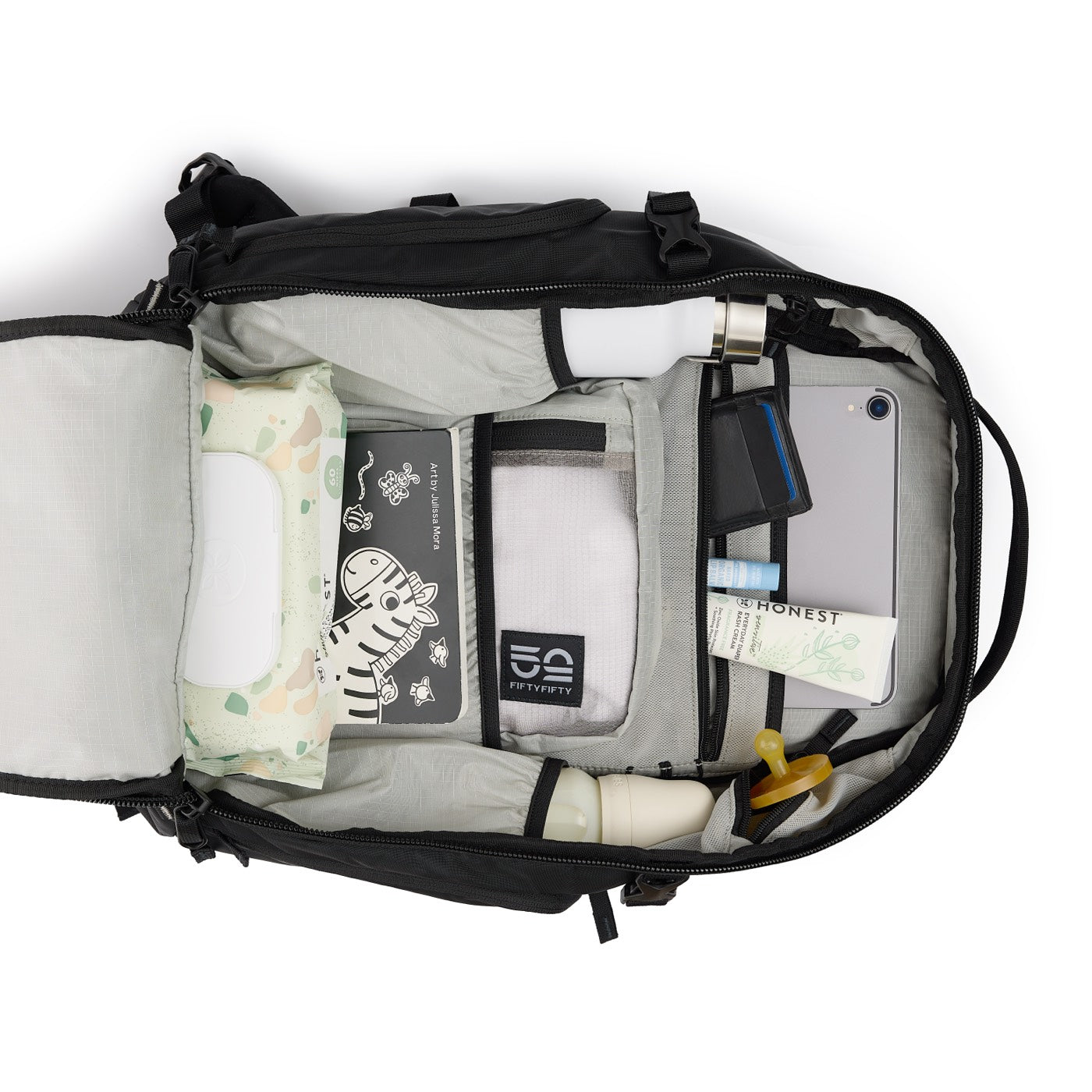 Ready 22L EDC Diaper Backpack opened flat like a suitcase, showing diapers, wipes, bottle and gear sorted in the mesh pockets
