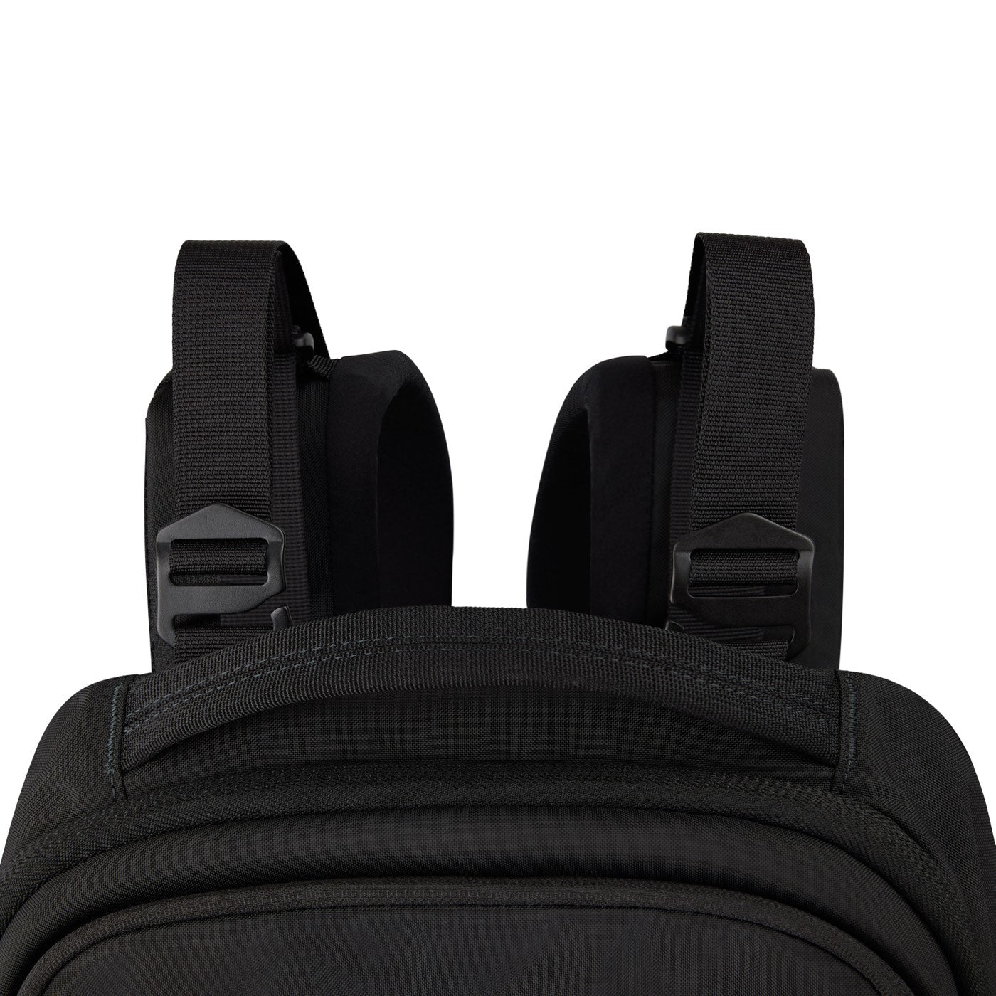 Close-up of the two aluminum G-hooks on the Ready 22L EDC Diaper Backpack's shoulder straps